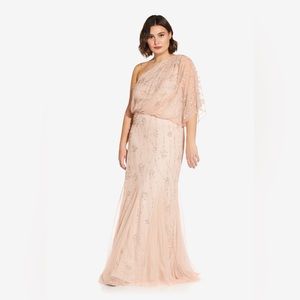 Adrianna Papell One-Shoulder Beaded Blush Evening Gown